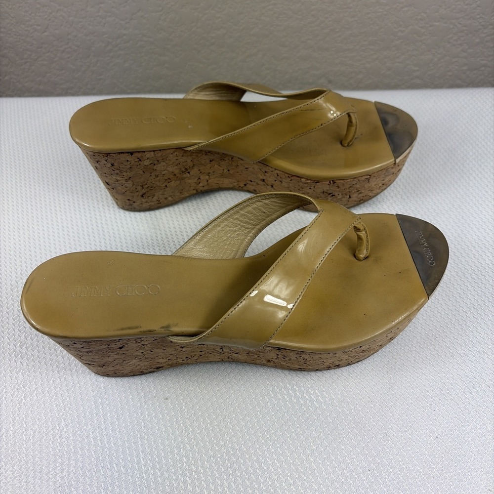 Jimmy Choo Pathos patent leather thong slip-on cork wedge sandals woman 37.5 - Picture 9 of 9